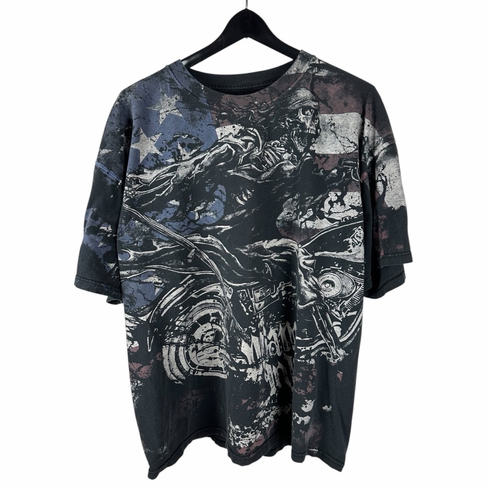 Mens Y2K Miami Ink All Over Print Skull Rider Grunge Graphic Shirt Size 2XL